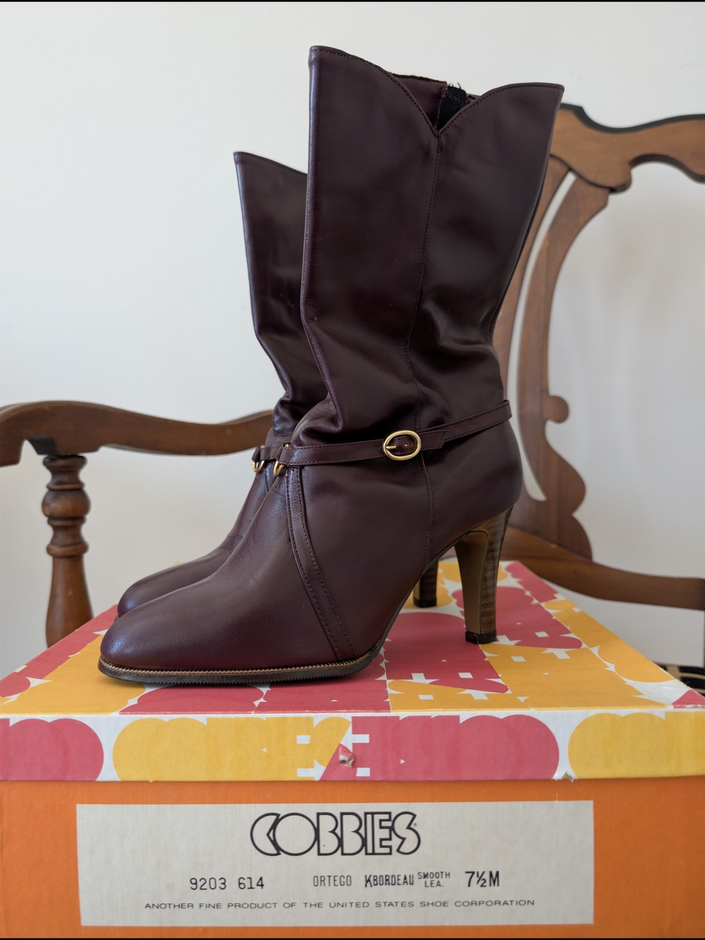 Women's Burgundy Mid-Calf Heeled Boots with Decorative Strap